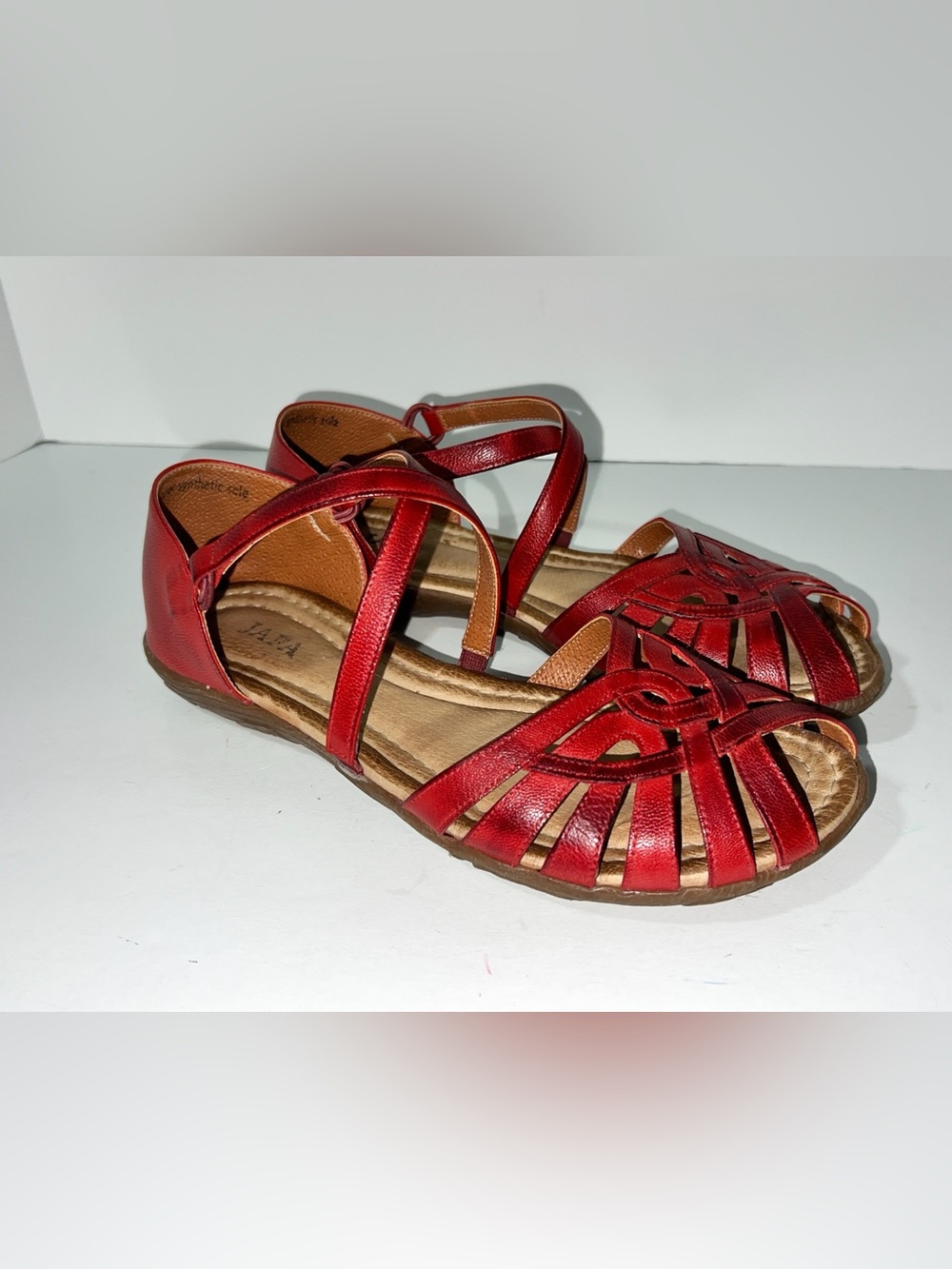JAFA Red Leather Strappy Caged Flat Sandals Huarache Style Women's Size 39 / 8.5 - Picture 8 of 16